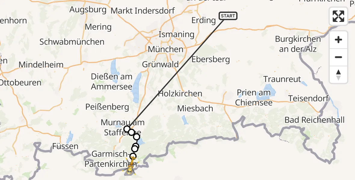 Flugroute Rettungshubschrauber Taufkirchen (Vils) - Mittenwald, 05 Juli 2026, 11:13