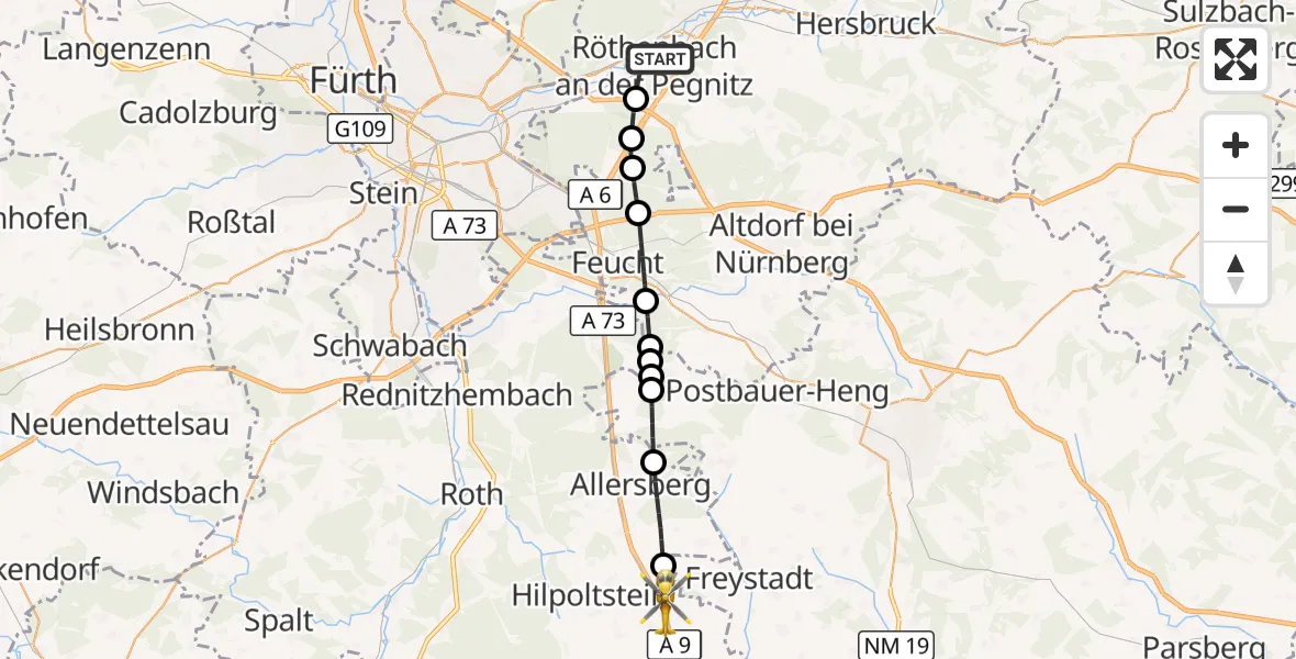 Flugroute Ambulanzhubschrauber Röthenbach a.d.Pegnitz - Hilpoltstein, 05 Juli 2026, 11:24