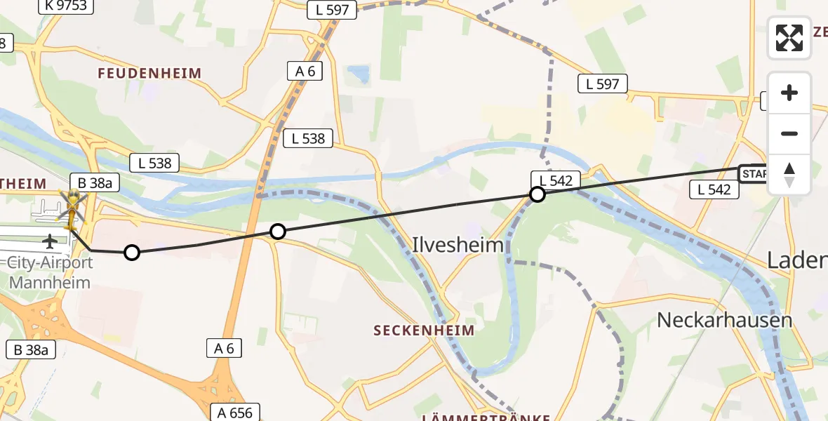 Flugroute Rettungshubschrauber Ladenburg - Mannheim-City Flughafen, 05 Juli 2026, 11:26