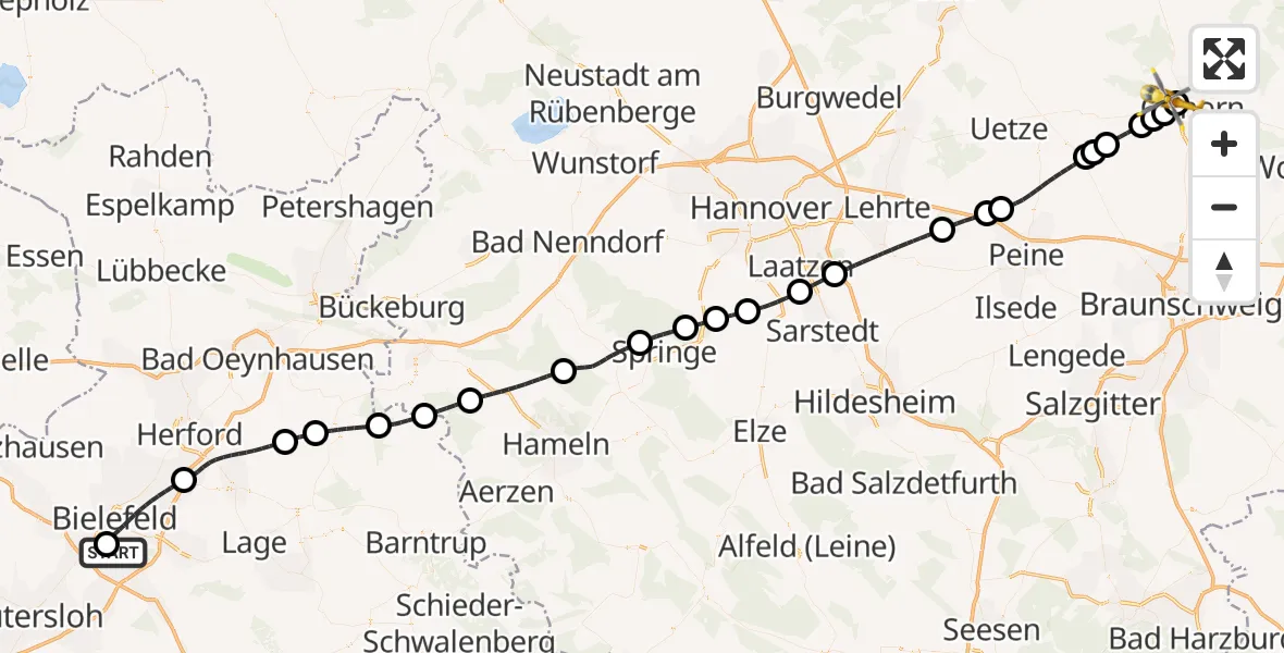 Flugroute Rettungshubschrauber Luftrettungszentrum Bielefeld - Gifhorn Bundespolizei Hubschrauberlandeplatz, 05 Juli 2026, 11:29