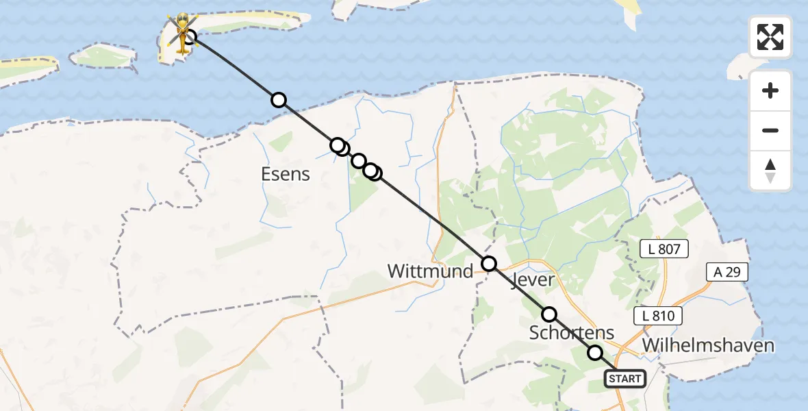 Flugroute Rettungshubschrauber Sande - Langeoog Flughafen, 05 Juli 2026, 11:34