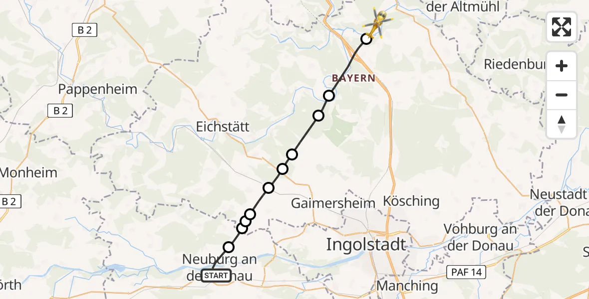 Flugroute Rettungshubschrauber Neuburg a.d.Donau - Kinding, 05 Juli 2026, 11:36