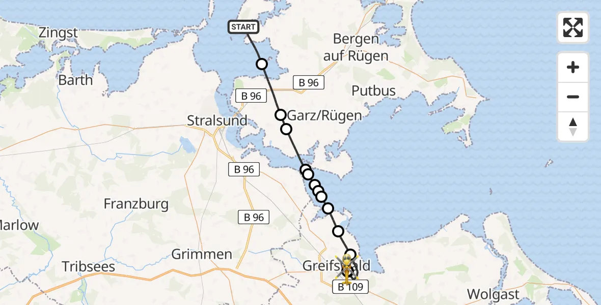 Flugroute Rettungshubschrauber Ummanz - Greifswald Hospital, 05 Juli 2026, 11:40