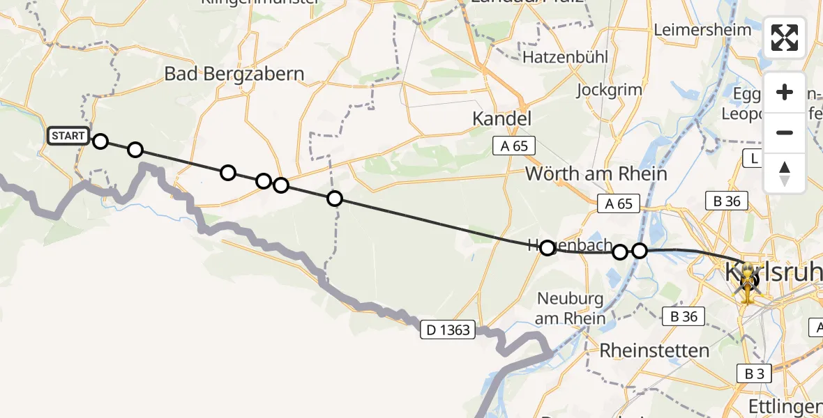 Flugroute Ambulanzhubschrauber Bobenthal - Sankt Vincentius Hospital, 05 Juli 2026, 11:40
