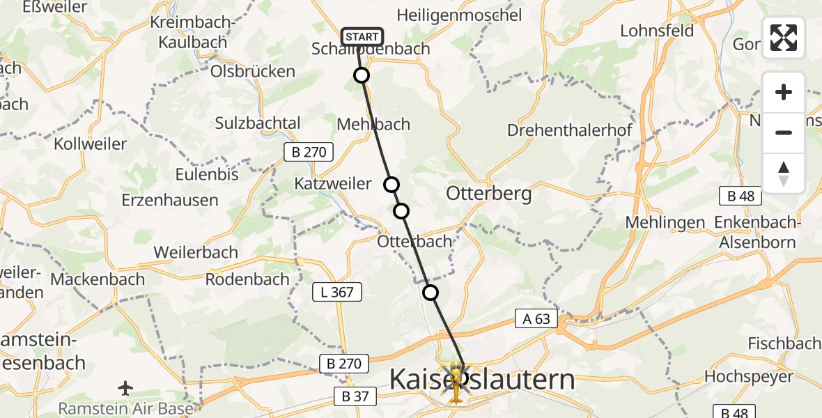 Flugroute Rettungshubschrauber Schallodenbach - Westpfalz Hospital Kaiserslautern, 05 Juli 2026, 11:41
