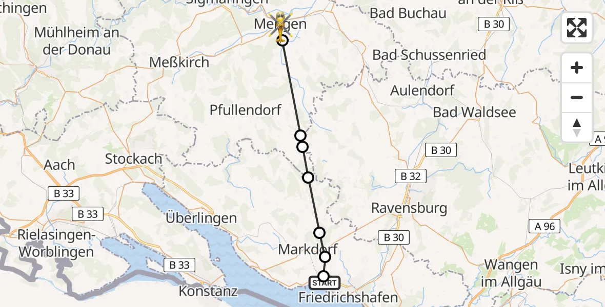Flugroute Rettungshubschrauber Friedrichshafen Hospital - Mengen, 05 Juli 2026, 11:41
