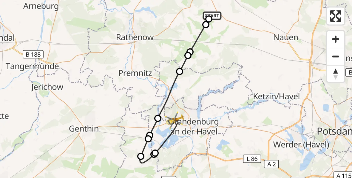 Flugroute Rettungshubschrauber Mühlenberge - Brandenburg an der Havel, 05 Juli 2026, 11:53