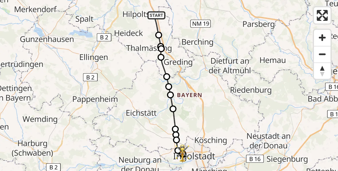 Flugroute Ambulanzhubschrauber Hilpoltstein - Ingolstadt Hospital, 05 Juli 2026, 12:00