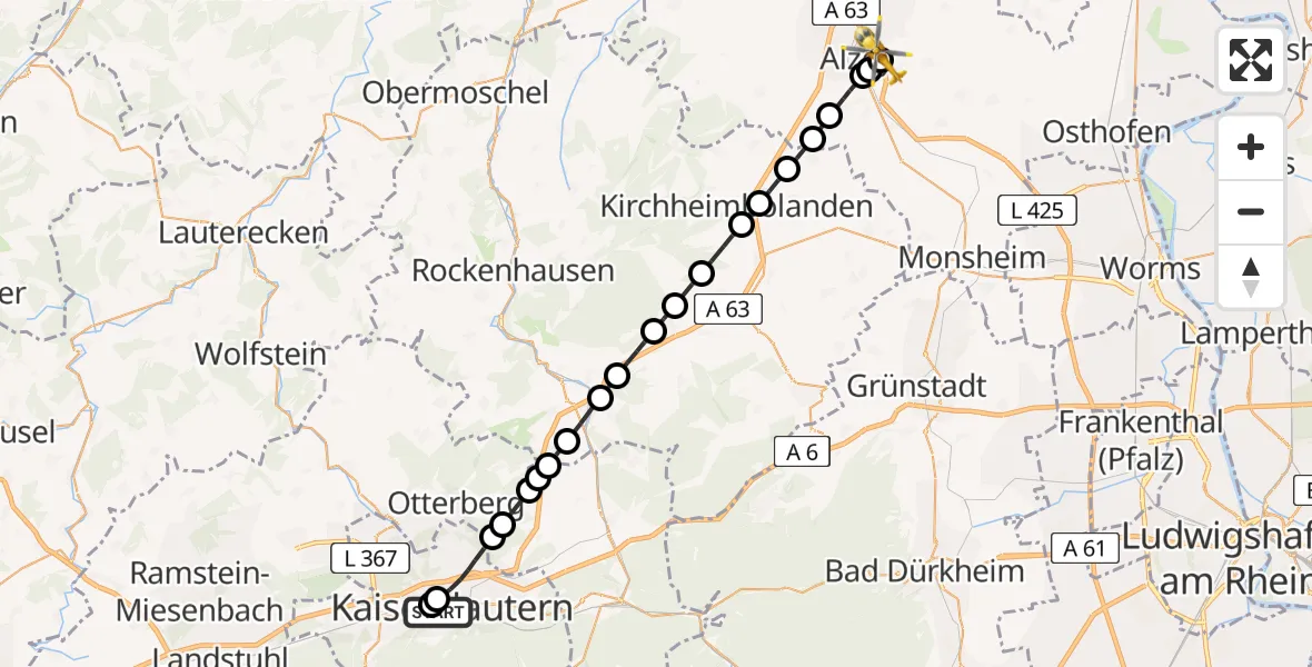 Flugroute Rettungshubschrauber Westpfalz Hospital Kaiserslautern - Alzey, 05 Juli 2026, 12:01