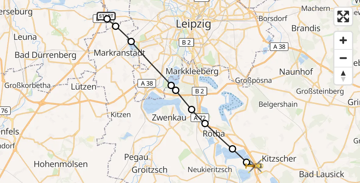 Flugroute Rettungshubschrauber ADAC Air Rescue Station Leipzig/Schkeuditz-Dölzig Hubschrauberlandeplatz (Christoph 61) - Borna, 05 Juli 2026, 12:09