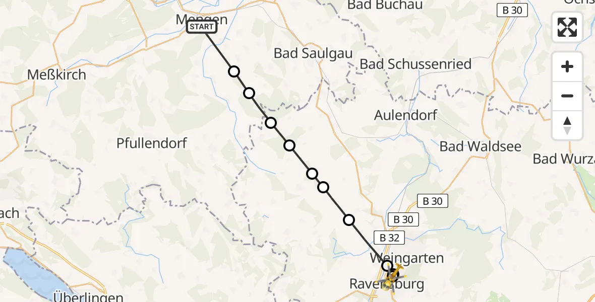 Flugroute Rettungshubschrauber Mengen - Sankt Elisabeth Hospital, 05 Juli 2026, 12:11