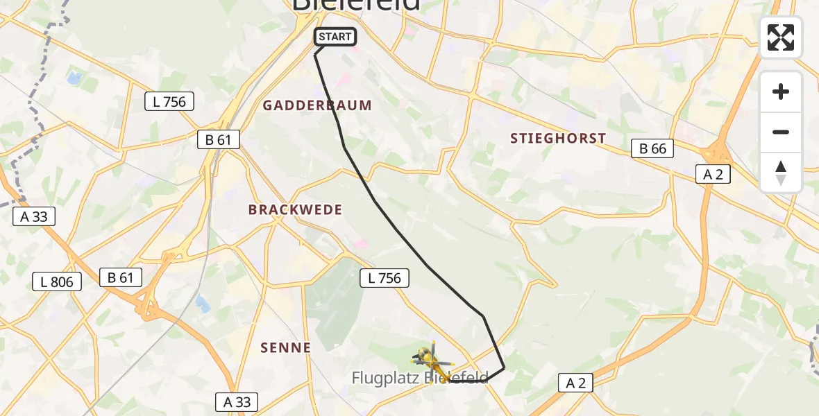 Flugroute Rettungshubschrauber Bielefeld - Bielefeld Flughafen, 05 Juli 2026, 12:18