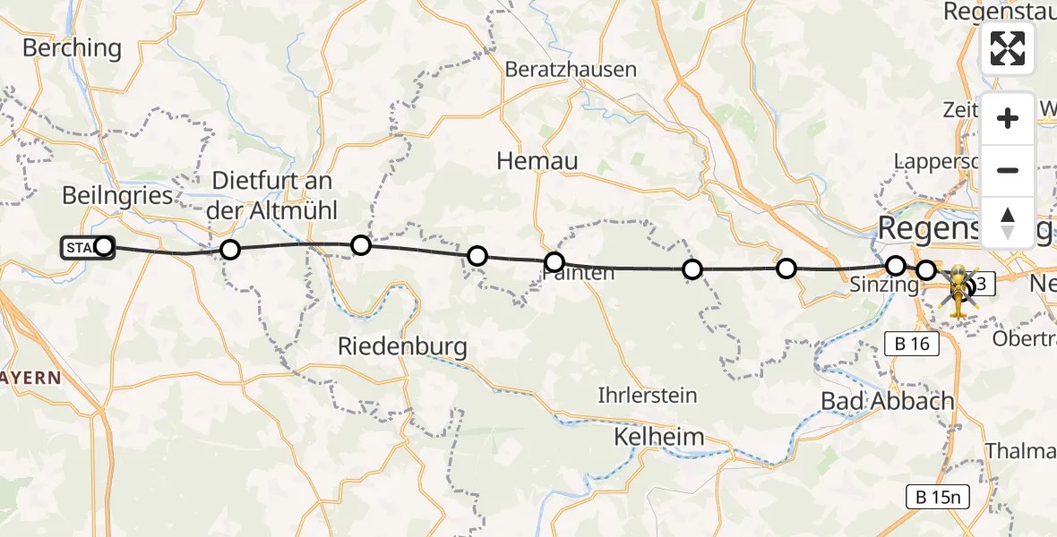 Flugroute Rettungshubschrauber Kinding - DRF Air Rescue Station Regensburg / Regensburg University Hospital, 05 Juli 2026, 12:22