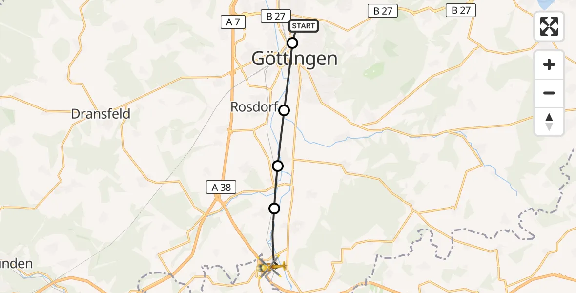 Flugroute Rettungshubschrauber Göttingen University Clinic Hubschrauberlandeplatz - Friedland, 05 Juli 2026, 12:22