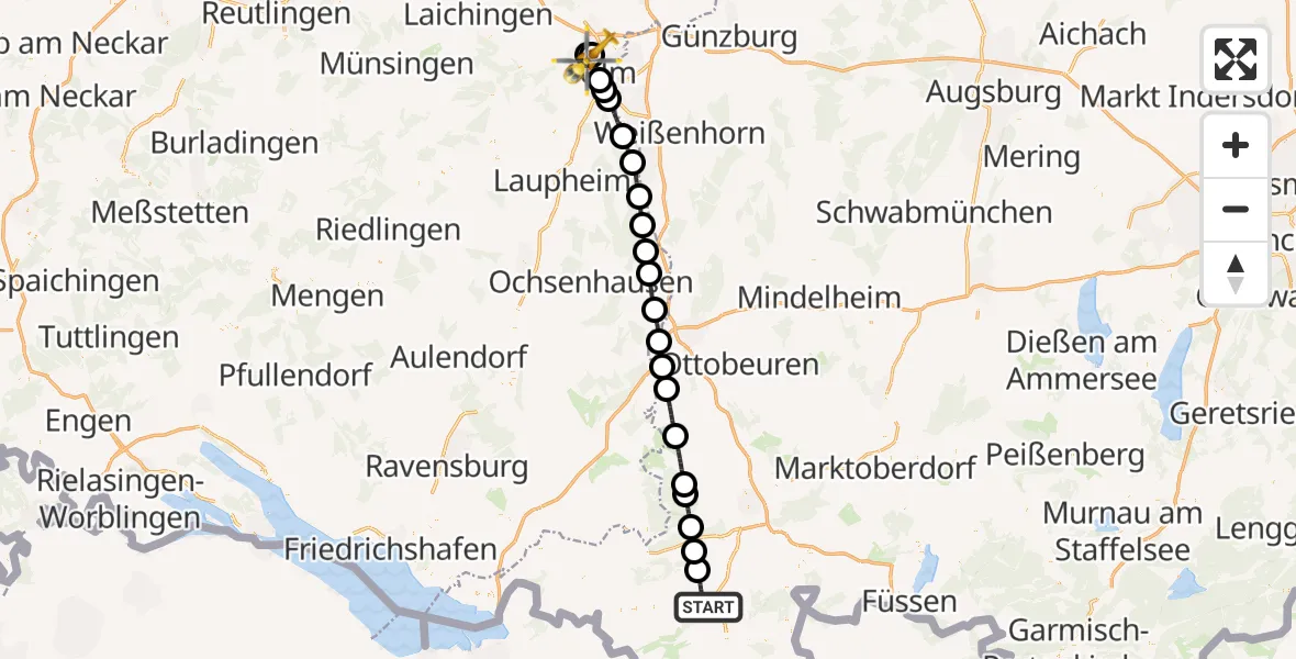 Flugroute Rettungshubschrauber Immenstadt i.Allgäu - Ulm Military Hospital Emergency Hubschrauberlandeplatz, 05 Juli 2026, 12:27