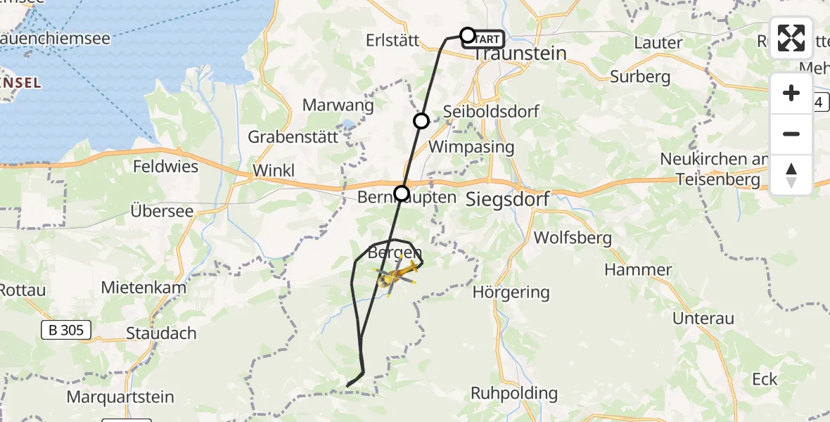 Flugroute Rettungshubschrauber Traunstein Hospital - Bergen, 05 Juli 2026, 12:35