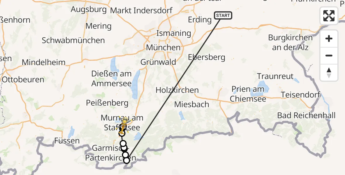 Flugroute Rettungshubschrauber Taufkirchen (Vils) - Ohlstadt, 05 Juli 2026, 12:39
