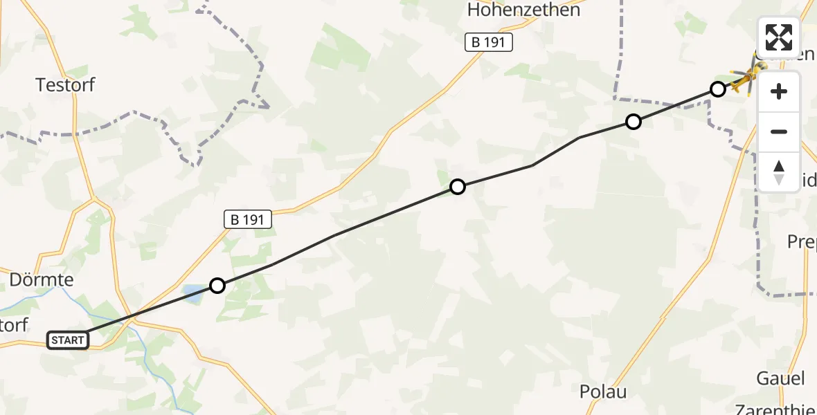 Flugroute Rettungshubschrauber Oetzen - Zernien, 05 Juli 2026, 12:40
