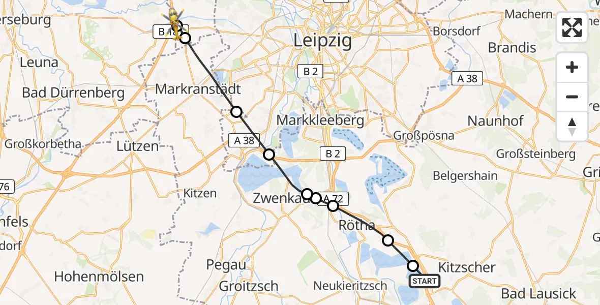 Flugroute Rettungshubschrauber Borna - ADAC Air Rescue Station Leipzig/Schkeuditz-Dölzig Hubschrauberlandeplatz (Christoph 61), 05 Juli 2026, 12:45