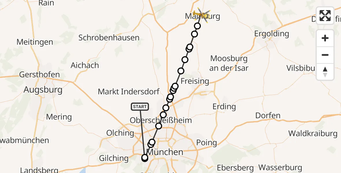 Flugroute Rettungshubschrauber Röhrmoos - Mainburg, 05 Juli 2026, 12:57