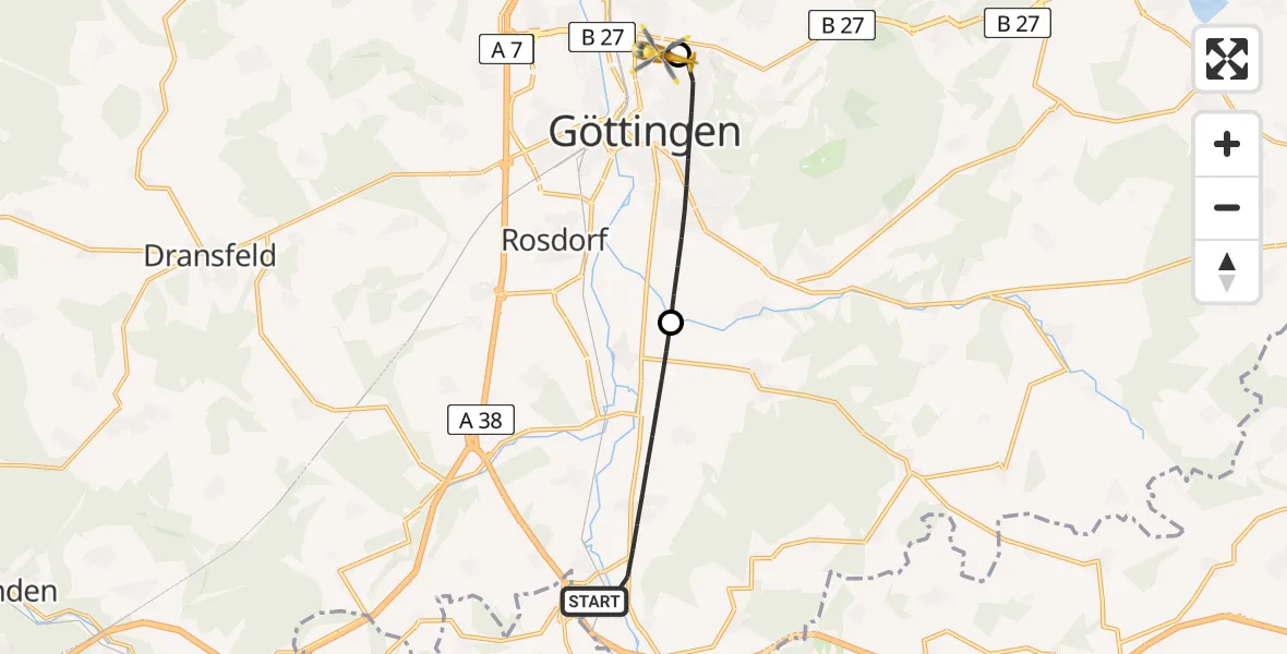 Flugroute Rettungshubschrauber Friedland - Göttingen University Clinic Hubschrauberlandeplatz, 05 Juli 2026, 12:57