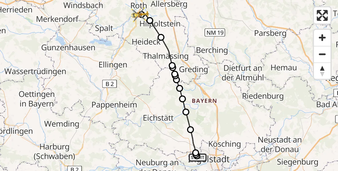 Flugroute Ambulanzhubschrauber Ingolstadt Hospital - Flugplatz Roth, 05 Juli 2026, 12:57