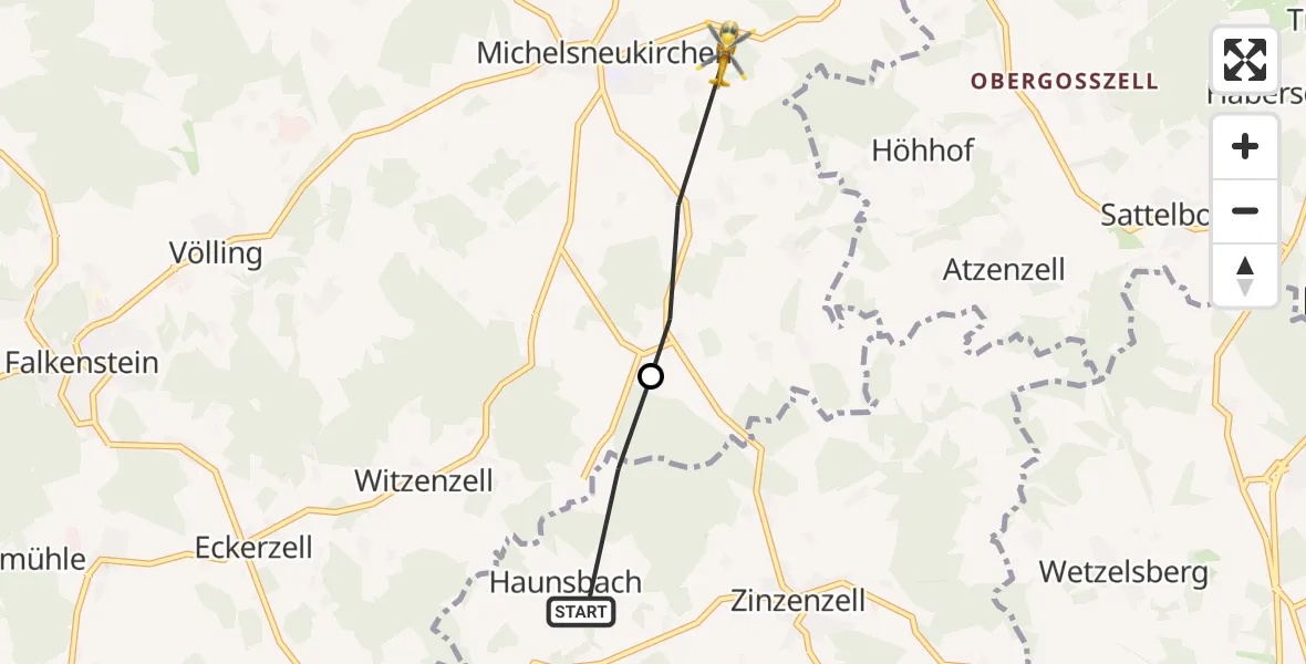 Flugroute Rettungshubschrauber Wiesenfelden - Michelsneukirchen, 05 Juli 2026, 13:00