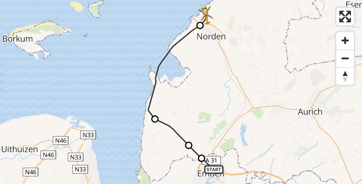 Flugroute Ambulanzhubschrauber Emden - Norden, 05 Juli 2026, 13:00