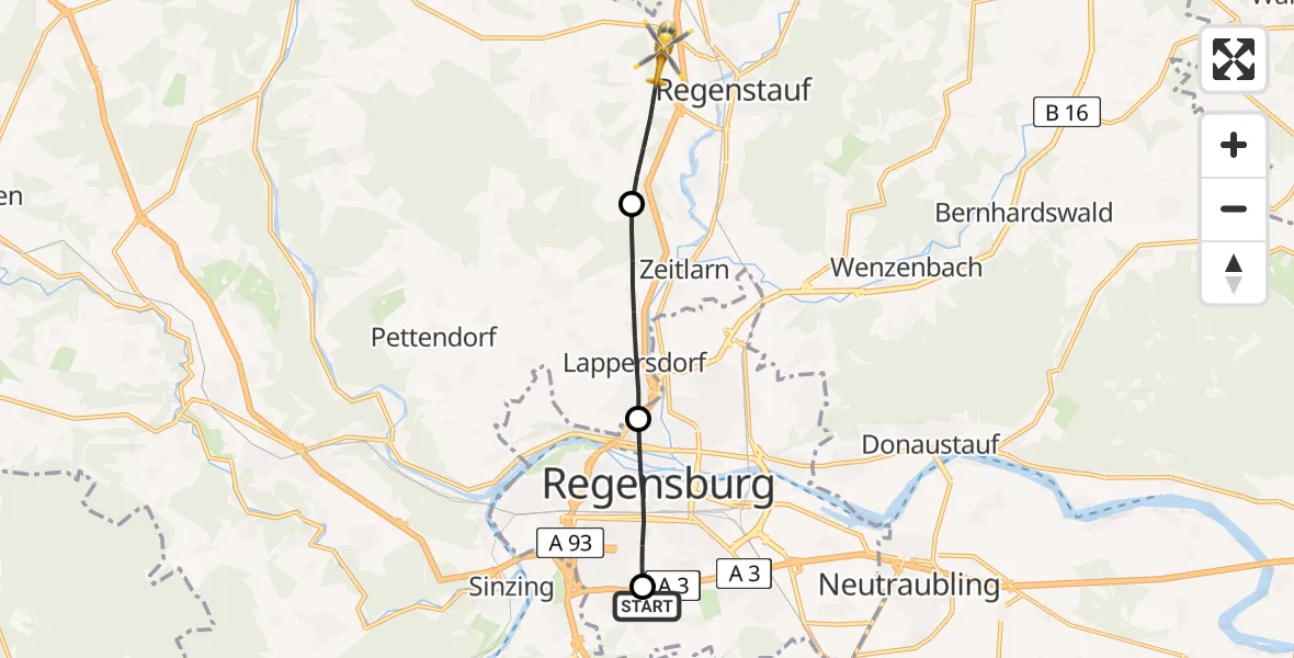 Flugroute Rettungshubschrauber DRF Air Rescue Station Regensburg / Regensburg University Hospital - Regenstauf, 05 Juli 2026, 13:11