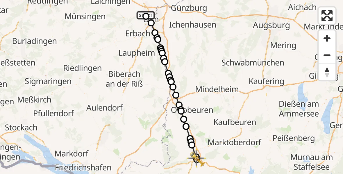 Flugroute Rettungshubschrauber Ulm Military Hospital Emergency - Kempten-Durach Flugplatz, 05 Juli 2026, 13:20