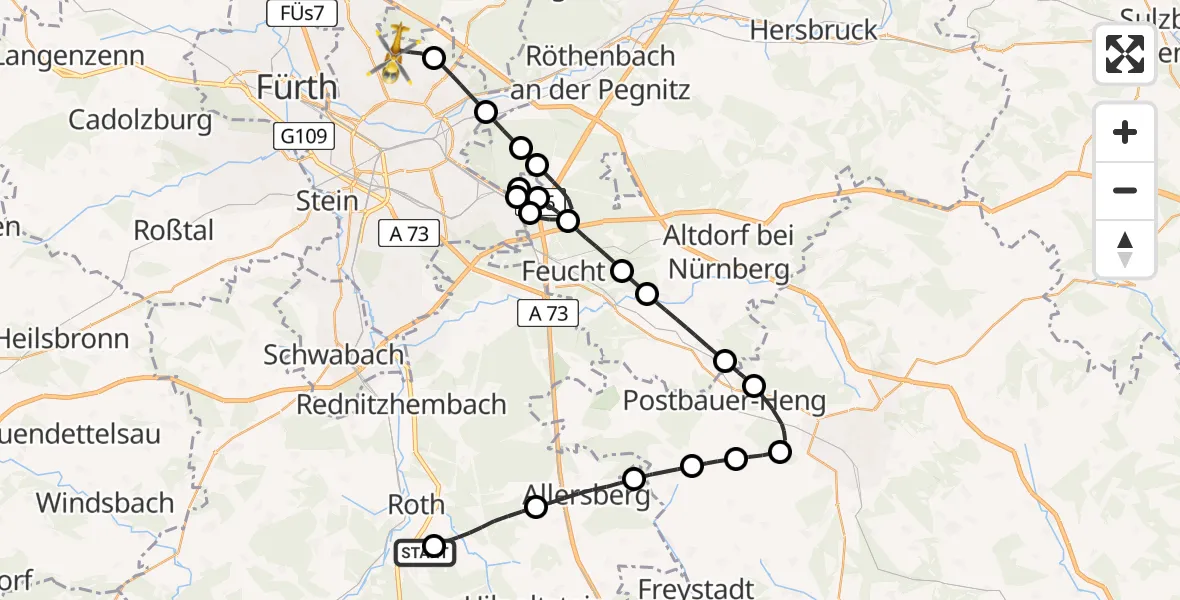 Flugroute Ambulanzhubschrauber Flugplatz Roth - Flughafen Nuremberg, 05 Juli 2026, 13:30