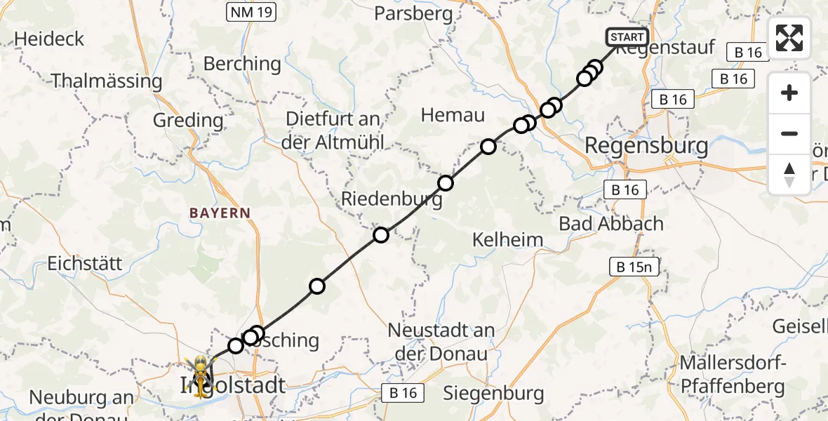 Flugroute Rettungshubschrauber Regenstauf - Ingolstadt Hospital, 05 Juli 2026, 13:36