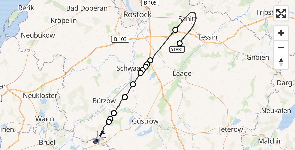 Flugroute Polizeihubschrauber Wardow - Warnow, 05 Juli 2026, 13:38