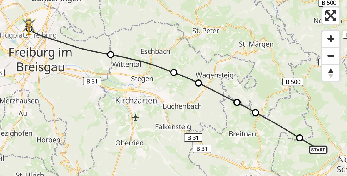 Flugroute Rettungshubschrauber Titisee-Neustadt - Freiburg im Breisgau Flugplatz, 05 Juli 2026, 13:47