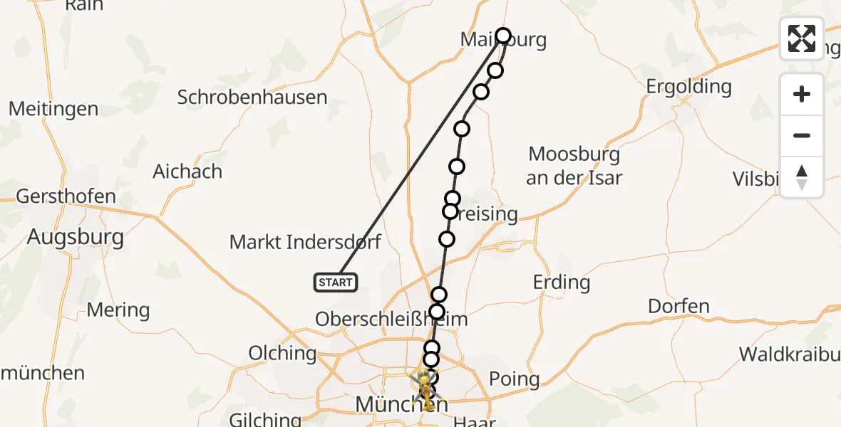 Flugroute Rettungshubschrauber Röhrmoos - München Bogenhausen Hospital, 05 Juli 2026, 13:50