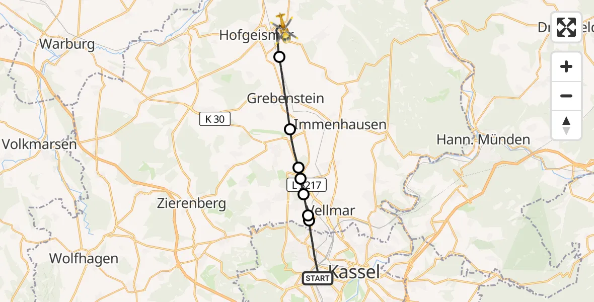 Flugroute Rettungshubschrauber Kassel - Hofgeismar, 05 Juli 2026, 14:02