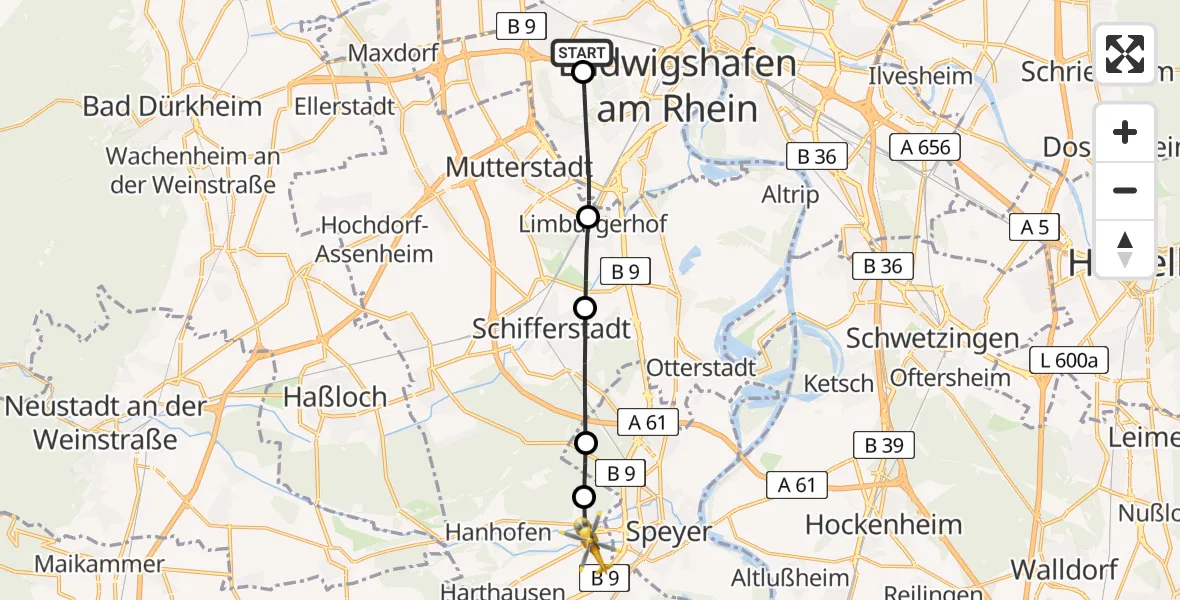 Flugroute Rettungshubschrauber Ludwigshafen Accident Hospital - Dudenhofen, 05 Juli 2026, 14:05