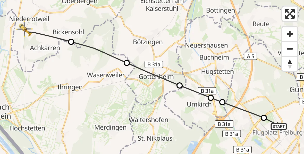 Flugroute Rettungshubschrauber Freiburg im Breisgau Flugplatz - Vogtsburg im Kaiserstuhl, 05 Juli 2026, 14:13