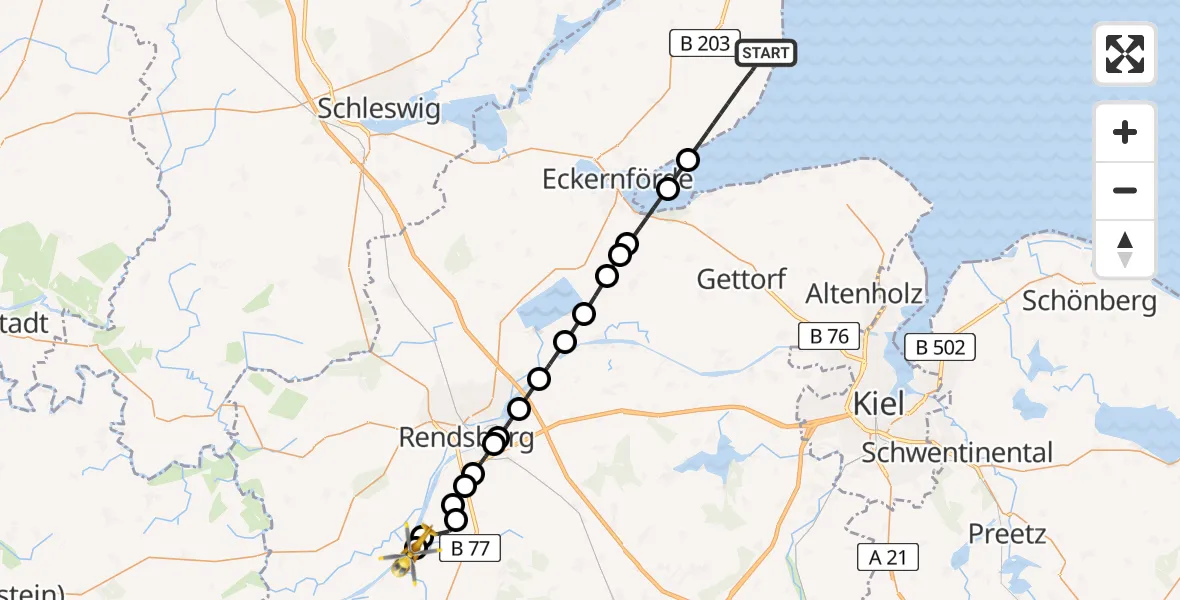 Flugroute Ambulanzhubschrauber Waabs - Hörsten, 05 Juli 2026, 14:14