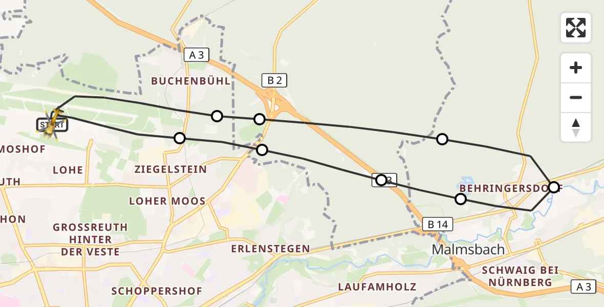 Flugroute Ambulanzhubschrauber Flughafen Nuremberg - Flughafen Nuremberg, 05 Juli 2026, 14:25