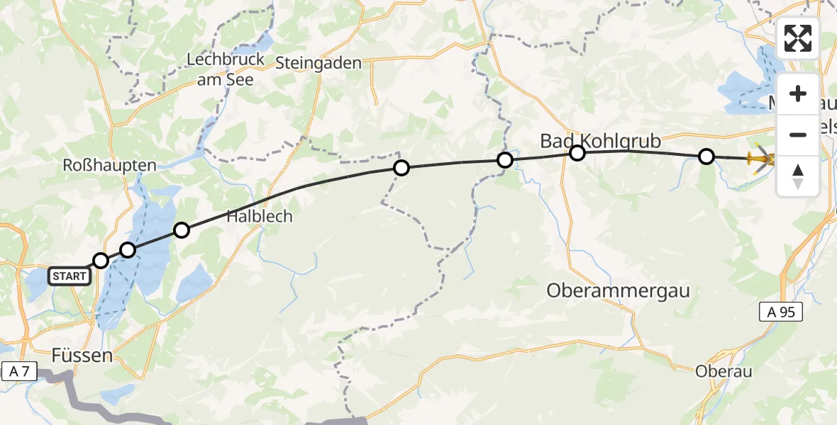 Flugroute Rettungshubschrauber Füssen - Murnau a.Staffelsee, 05 Juli 2026, 14:40