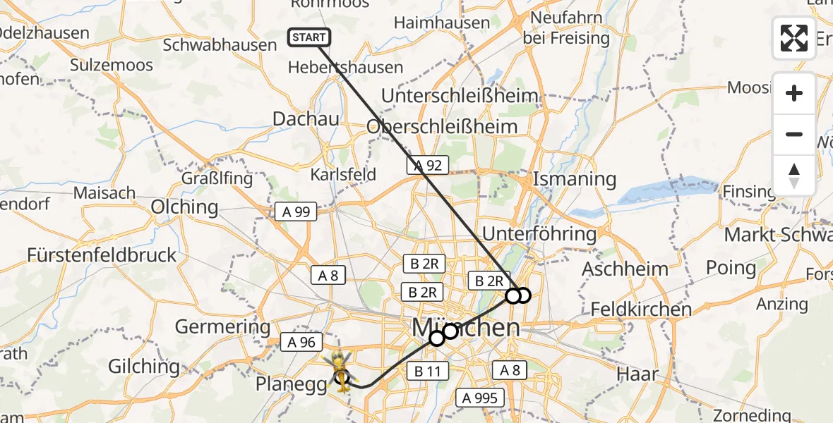 Flugroute Rettungshubschrauber Röhrmoos - DRF Air Rescue München Hubschrauberlandeplatz, 05 Juli 2026, 14:41