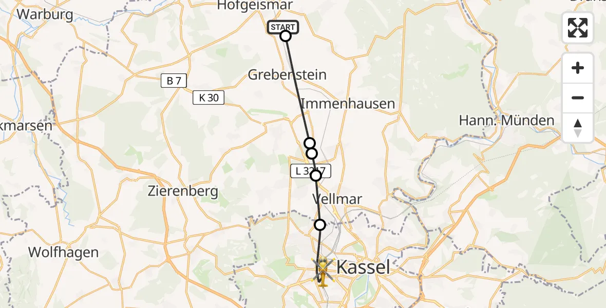 Flugroute Rettungshubschrauber Hofgeismar - Kassel, 05 Juli 2026, 14:42