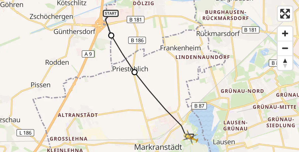 Flugroute Rettungshubschrauber ADAC Air Rescue Station Leipzig/Schkeuditz-Dölzig Hubschrauberlandeplatz (Christoph 61) - Markranstädt, 05 Juli 2026, 14:46