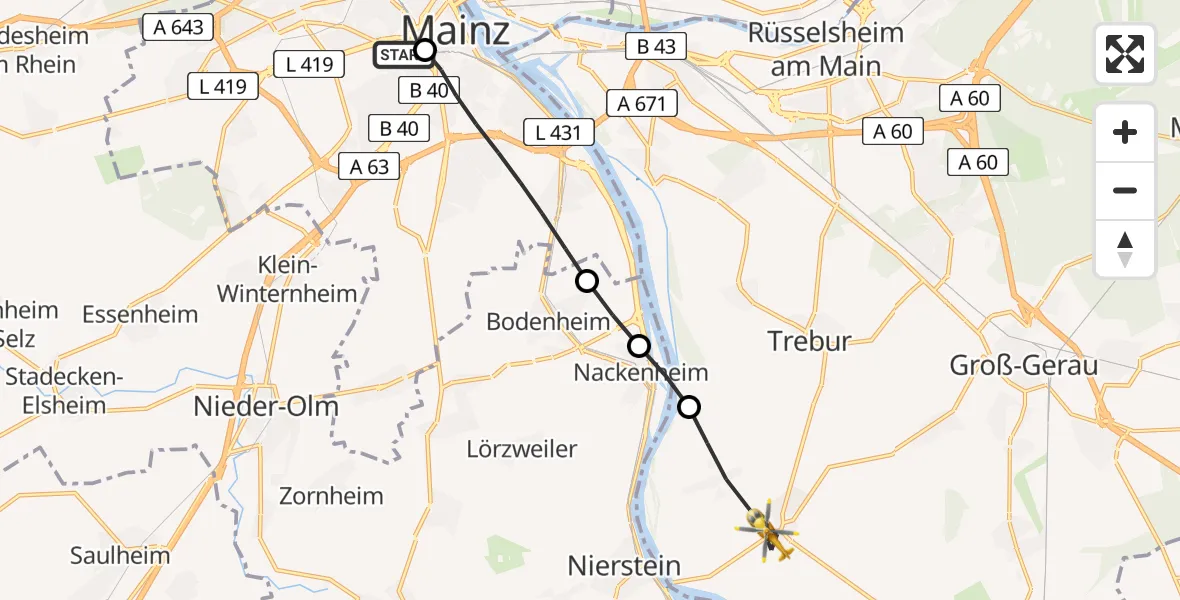 Flugroute Rettungshubschrauber Mainz University Hospital - Trebur, 05 Juli 2026, 14:47