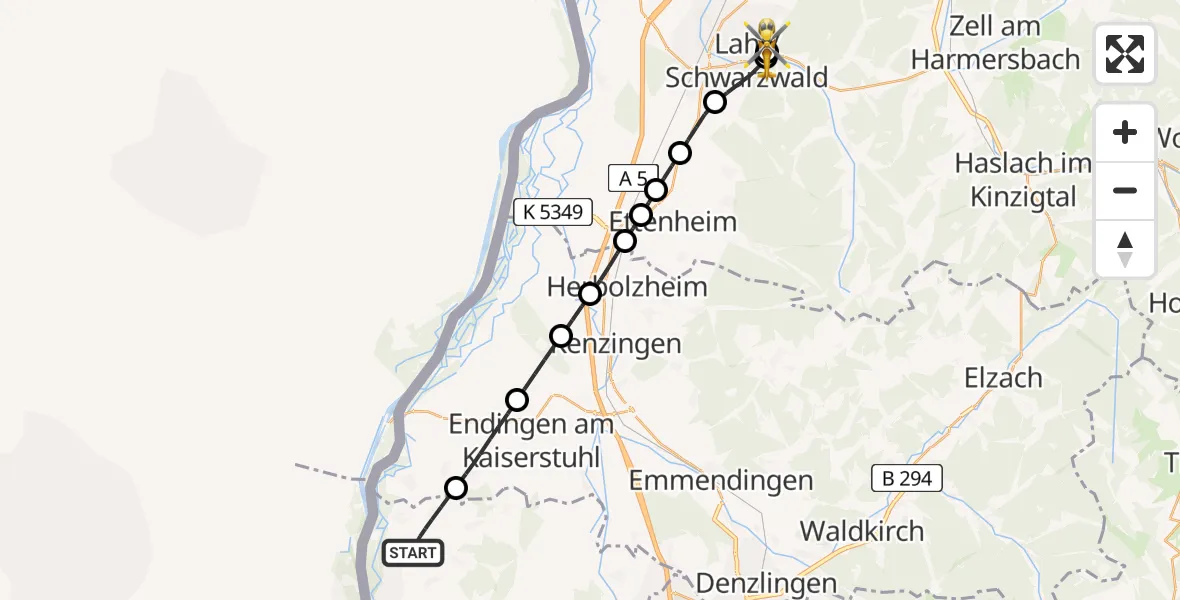 Flugroute Rettungshubschrauber Vogtsburg im Kaiserstuhl - Ortenau Hospital Lahr-Ettenheim, 05 Juli 2026, 14:47