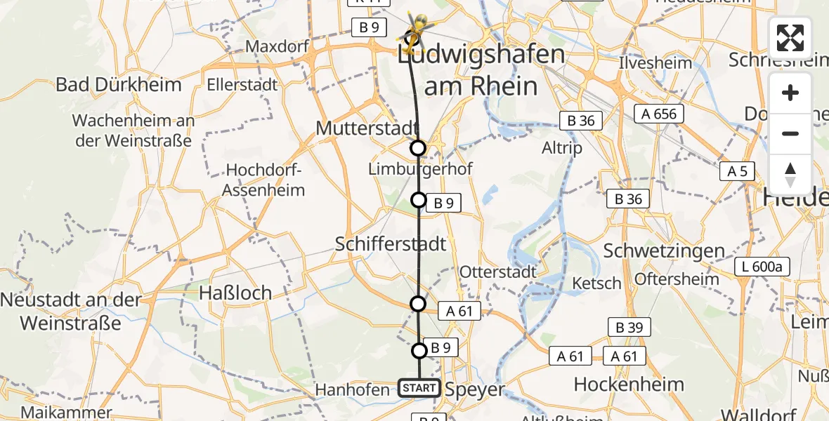 Flugroute Rettungshubschrauber Dudenhofen - Ludwigshafen Accident Hospital, 05 Juli 2026, 14:55