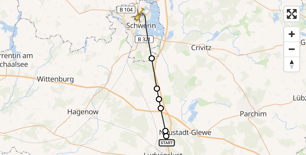 Flugroute Rettungshubschrauber Groß Laasch - Schwerin, 05 Juli 2026, 15:00