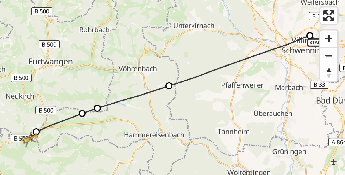 Flugroute Ambulanzhubschrauber DRF Air Rescue Station Villingen-Schwenningen Hubschrauberlandeplatz (Christoph 11) - Furtwangen im Schwarzwald, 05 Juli 2026, 15:03