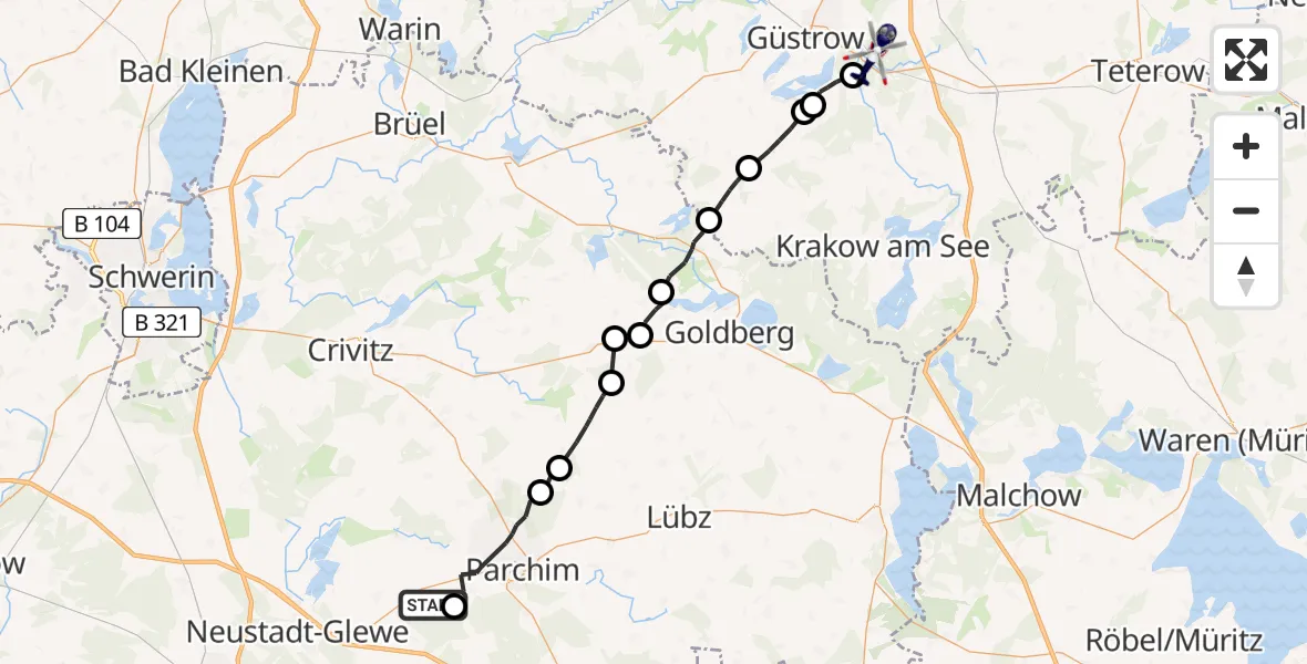 Flugroute Polizeihubschrauber Spornitz - Güstrow, 05 Juli 2026, 15:06